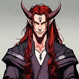 Generate an image of a handsome non-evil Tiefling King. He has long, flowing red hair and a confident, charismatic demeanor.