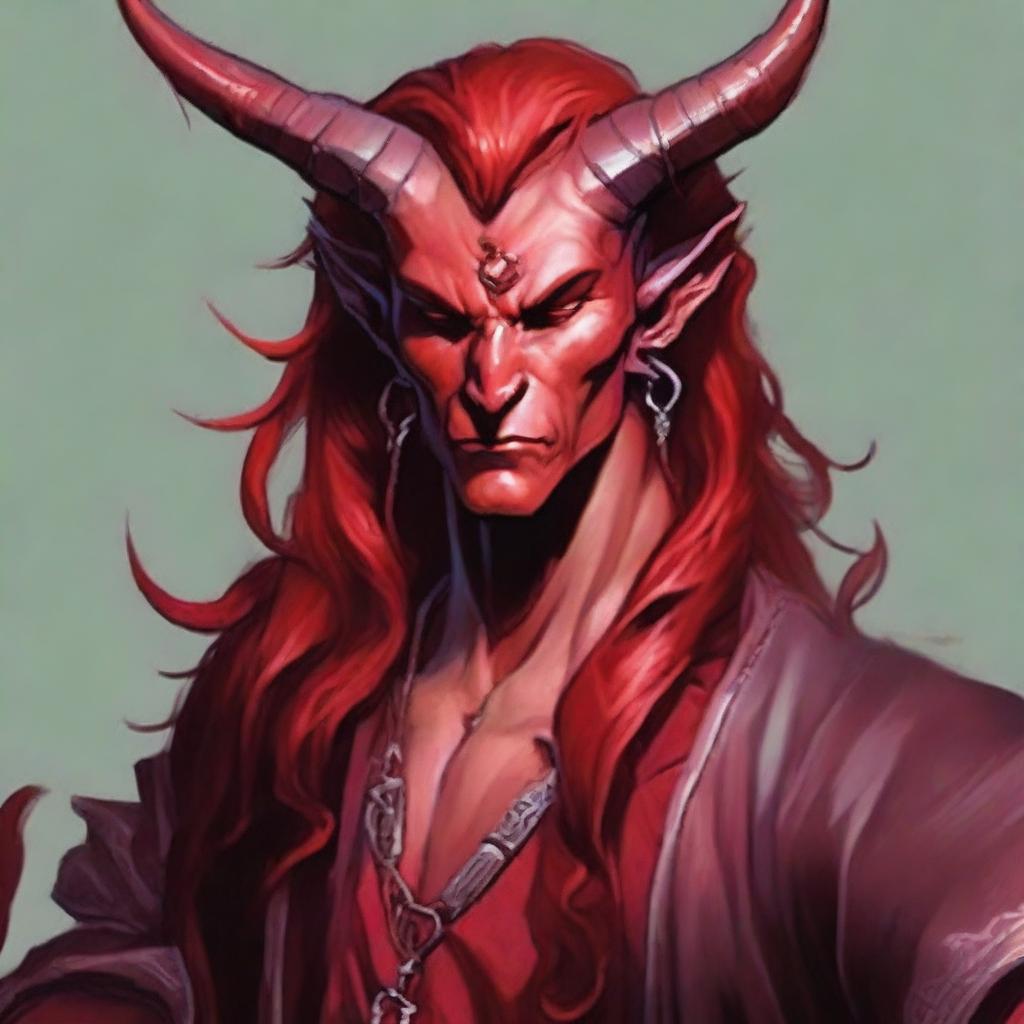 Generate an image of a strikingly handsome Tiefling King from Dungeons & Dragons with red skin and long, flowing red hair