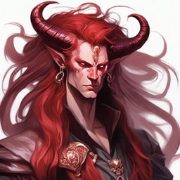 Generate an image of a strikingly handsome Tiefling King from Dungeons & Dragons with red skin and long, flowing red hair