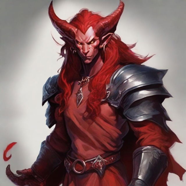 Generate an image of a strikingly handsome Tiefling King from Dungeons & Dragons with red skin and long, flowing red hair