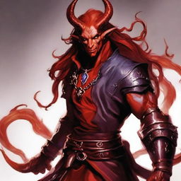 Generate an image of a strikingly handsome Tiefling King from Dungeons & Dragons with red skin and long, flowing red hair