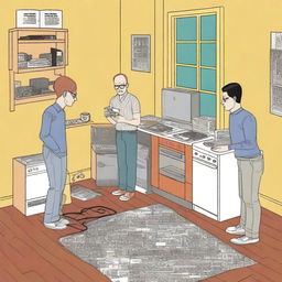 A multi-cased graphic novel page blending the styles of Daniel Clowes and Chris Ware, portraying a scene of a spilled coffee in an apartment shared by three girl DJ roommates of diverse races, featuring DJ controllers