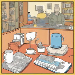 A multi-cased graphic novel page blending the styles of Daniel Clowes and Chris Ware, portraying a scene of a spilled coffee in an apartment shared by three girl DJ roommates of diverse races, featuring DJ controllers