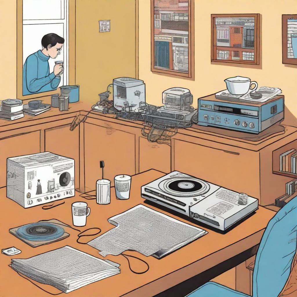 A multi-cased graphic novel page blending the styles of Daniel Clowes and Chris Ware, portraying a scene of a spilled coffee in an apartment shared by three girl DJ roommates of diverse races, featuring DJ controllers