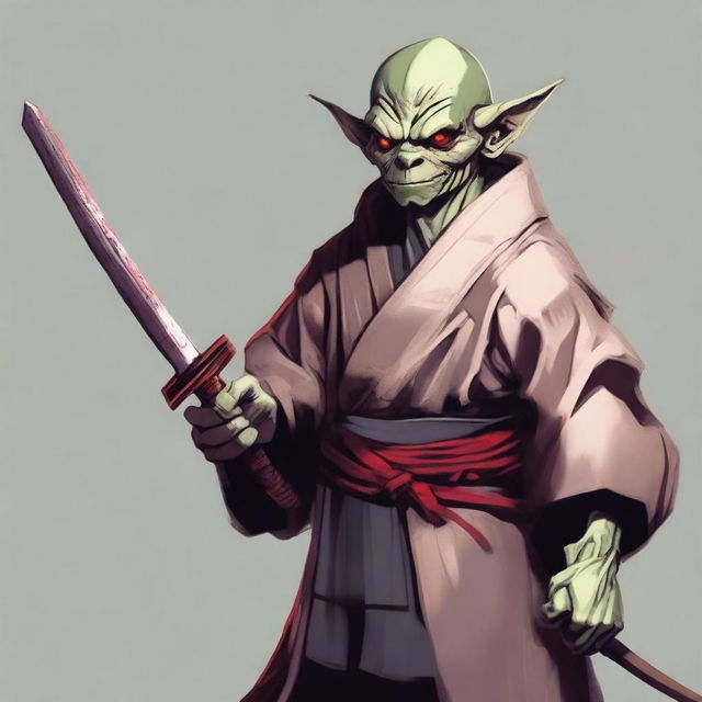 Generate a portrait of an unexpectedly cool goblin swordmaster. He dons a robe, reflecting a lone ronin samurai's aesthetics.