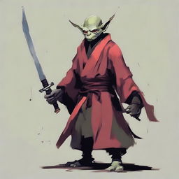 Generate a portrait of an unexpectedly cool goblin swordmaster. He dons a robe, reflecting a lone ronin samurai's aesthetics.