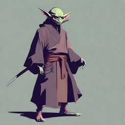 Generate a portrait of an unexpectedly cool goblin swordmaster. He dons a robe, reflecting a lone ronin samurai's aesthetics.