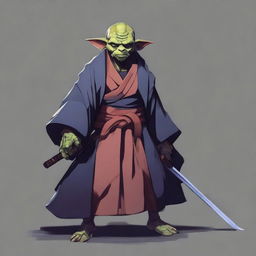 Generate a portrait of an unexpectedly cool goblin swordmaster. He dons a robe, reflecting a lone ronin samurai's aesthetics.