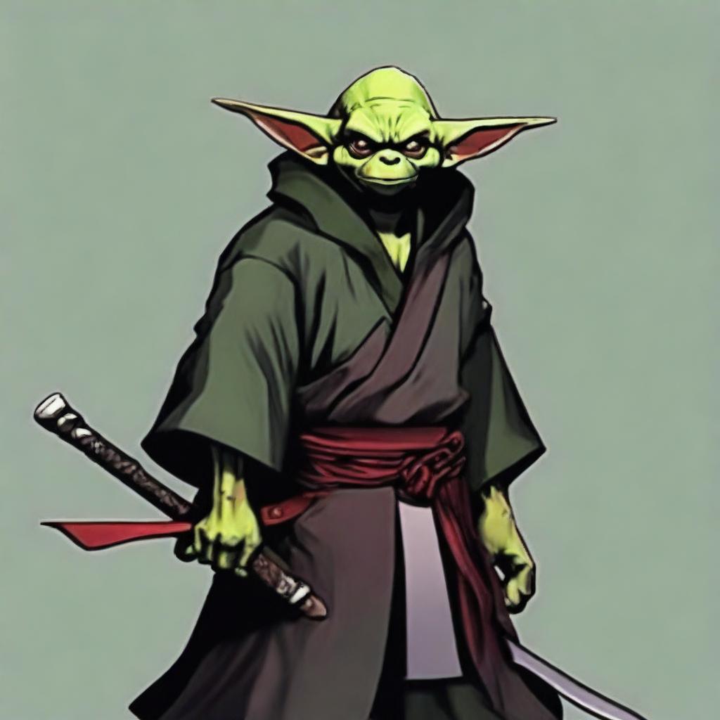 Generate a portrait of a goblin swordmaster, robed like a lone ronin samurai. He exudes coolness and command.