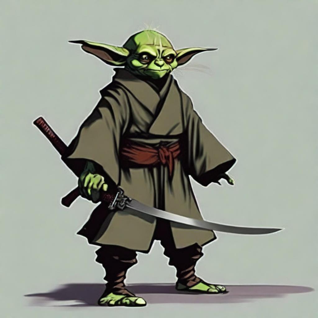 Generate a portrait of a goblin swordmaster, robed like a lone ronin samurai. He exudes coolness and command.