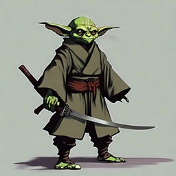 Generate a portrait of a goblin swordmaster, robed like a lone ronin samurai. He exudes coolness and command.