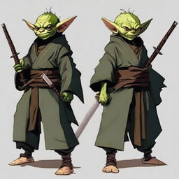 Generate a portrait of a goblin swordmaster, robed like a lone ronin samurai. He exudes coolness and command.