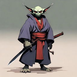 Generate a portrait of a short yet cool goblin swordmaster, donned in a robe, embodying the demeanor of a lone ronin samurai.