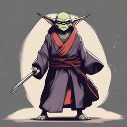 Generate a portrait of a short yet cool goblin swordmaster, donned in a robe, embodying the demeanor of a lone ronin samurai.