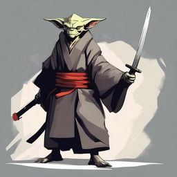 Generate a portrait of a short yet cool goblin swordmaster, donned in a robe, embodying the demeanor of a lone ronin samurai.