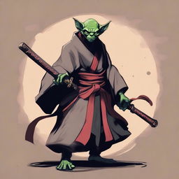 Generate a portrait of a short yet cool goblin swordmaster, donned in a robe, embodying the demeanor of a lone ronin samurai.