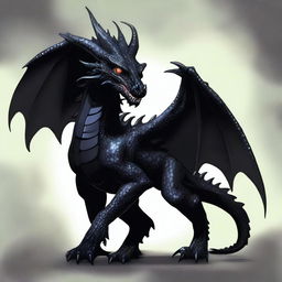 Generate an image of an evil black wyrmling dragon, ominous and dark