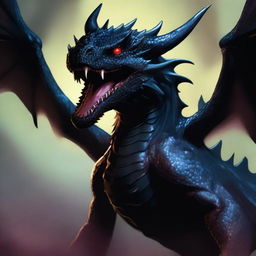 Generate an image of an evil black wyrmling dragon, ominous and dark