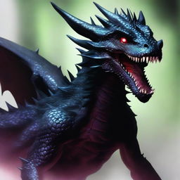 Generate an image of an evil black wyrmling dragon, ominous and dark