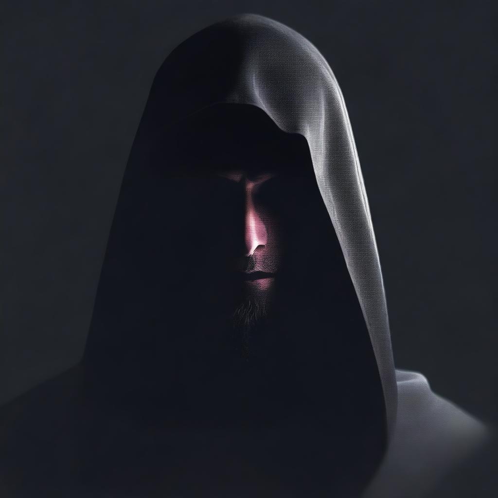 Generate an image of a menacing dark magic user, cloaked in enigmatic shadows, with his face replaced by an even darker void.