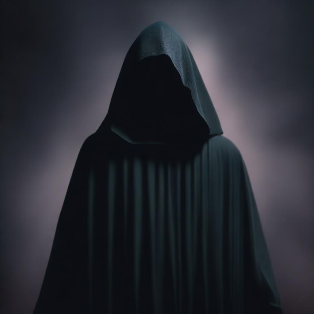 Generate an image of a menacing dark magic user, cloaked in enigmatic shadows, with his face replaced by an even darker void.