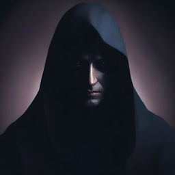 Generate an image of a menacing dark magic user, cloaked in enigmatic shadows, with his face replaced by an even darker void.