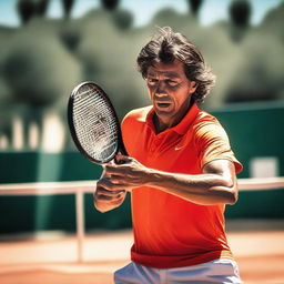 Javier Milei intensely playing a game of tennis under the scorching sun, beads of sweat trickling down his face.