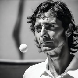 Javier Milei intensely playing a game of tennis under the scorching sun, beads of sweat trickling down his face.