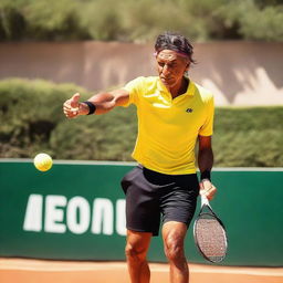 Javier Milei intensely playing a game of tennis under the scorching sun, beads of sweat trickling down his face.