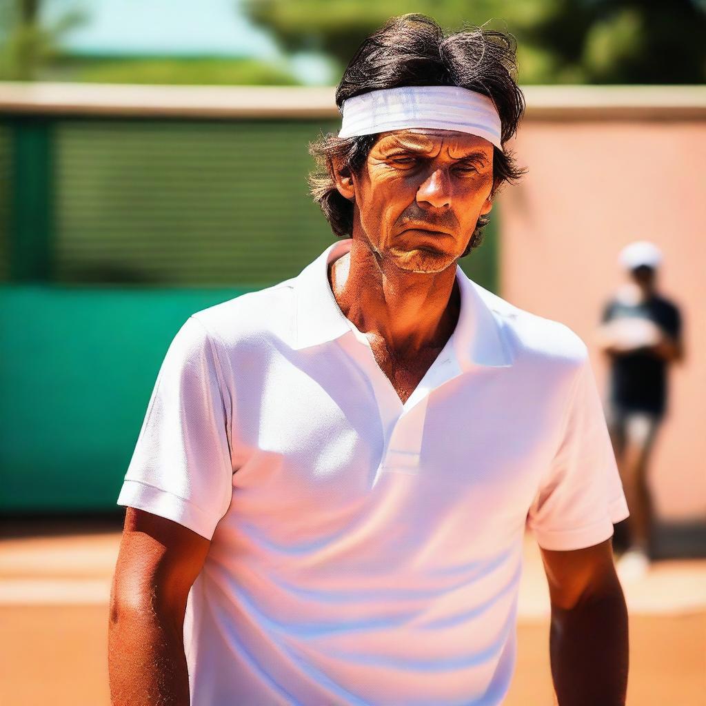 Javier Milei intensely playing a game of tennis under the scorching sun, beads of sweat trickling down his face.