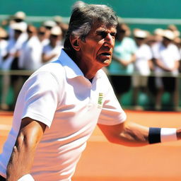 A revised image of Javier Milei, recognizable as Argentina's president, engaged in a fervid tennis match under a blazing sun, sweat glistening on his face