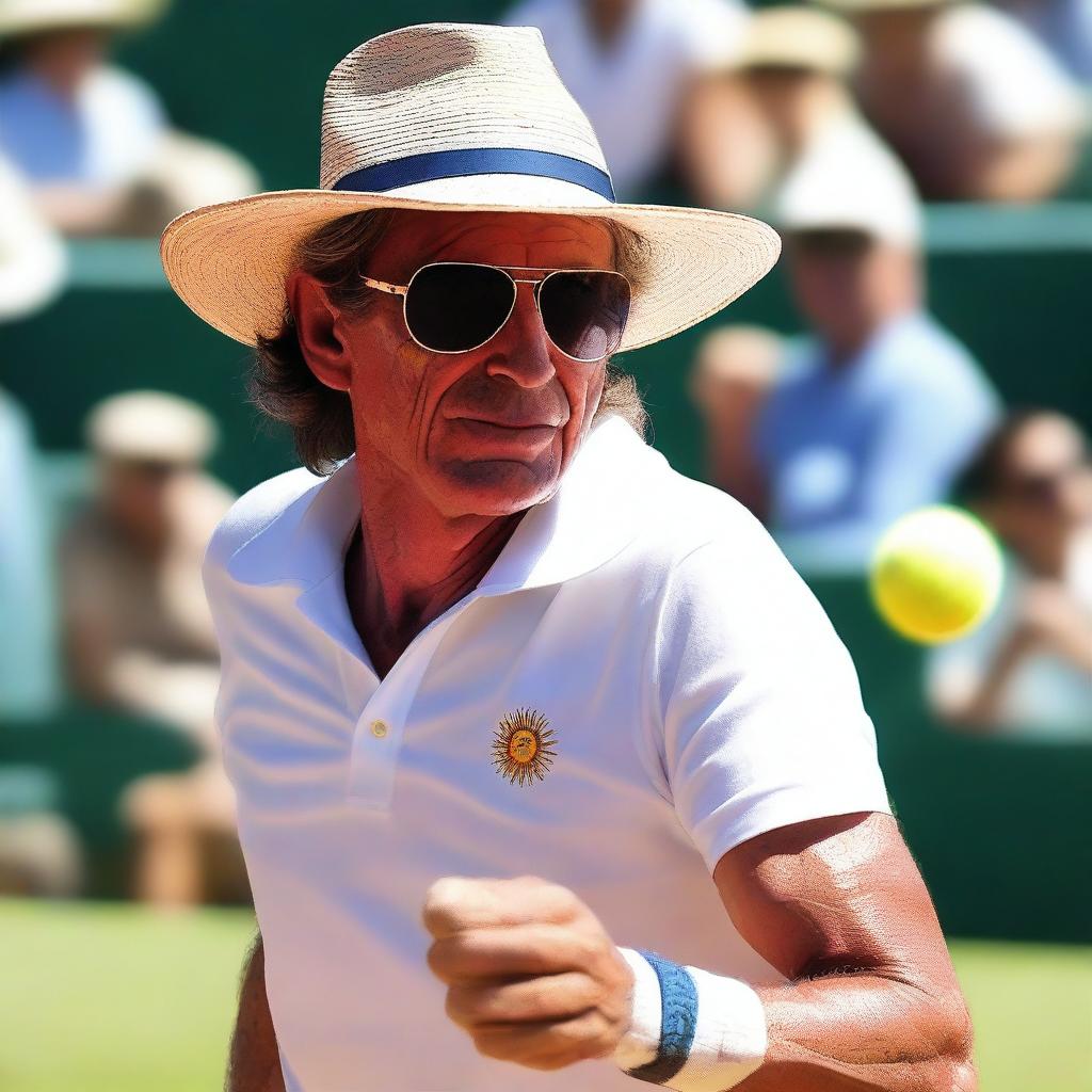 A revised image of Javier Milei, recognizable as Argentina's president, engaged in a fervid tennis match under a blazing sun, sweat glistening on his face