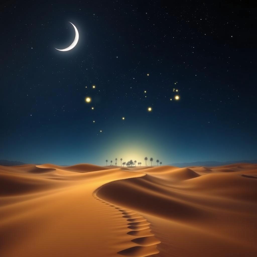 A serene desert landscape at twilight, showcasing rolling sand dunes illuminated by a soft lunar glow