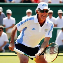 A revised image of Javier Milei, recognizable as Argentina's president, engaged in a fervid tennis match under a blazing sun, sweat glistening on his face