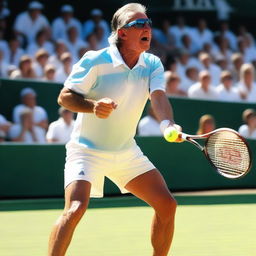 A revised image of Javier Milei, recognizable as Argentina's president, engaged in a fervid tennis match under a blazing sun, sweat glistening on his face