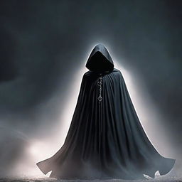 Create a portrait of a menacing dark magic user veiled in a cloak, his face replaced by an enigmatic shadow, standing in a foreboding pose, amassing his ominous powers