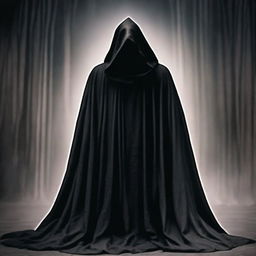 Create a portrait of a menacing dark magic user veiled in a cloak, his face replaced by an enigmatic shadow, standing in a foreboding pose, amassing his ominous powers