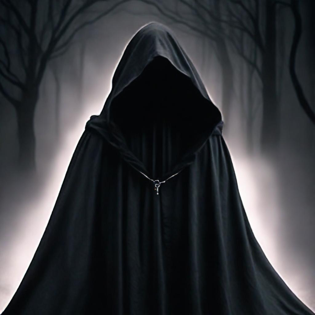 Create a portrait of a menacing dark magic user veiled in a cloak, his face replaced by an enigmatic shadow, standing in a foreboding pose, amassing his ominous powers