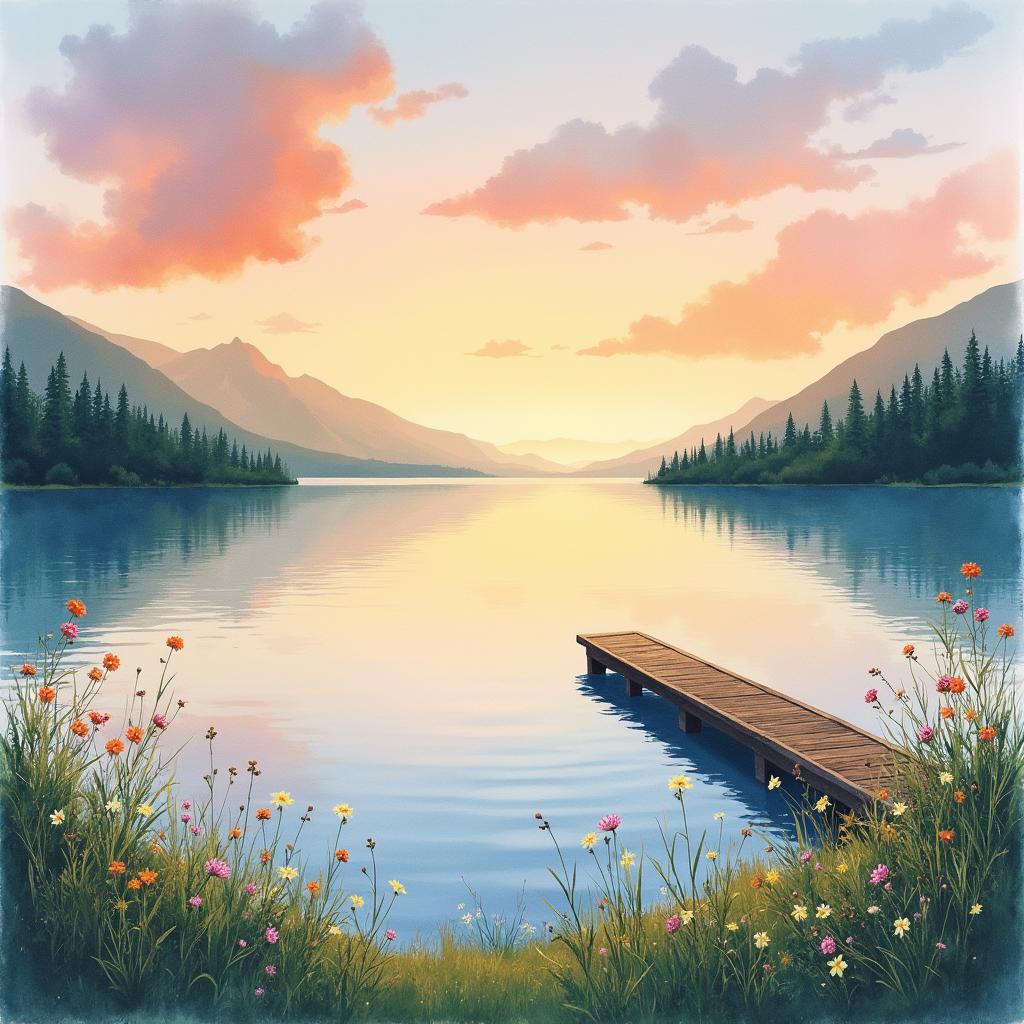 A serene lakeside scene for a book cover, featuring a tranquil lake reflecting the soft colors of the sunset