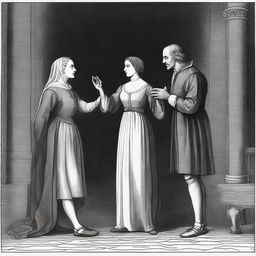 An illustrative representation of the iconic scene from Shakespeare's 'Measure for Measure,' where Isabella pleads with Angelo for her brother's life