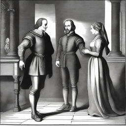 An illustrative representation of the iconic scene from Shakespeare's 'Measure for Measure,' where Isabella pleads with Angelo for her brother's life