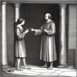 An illustrative representation of the iconic scene from Shakespeare's 'Measure for Measure,' where Isabella pleads with Angelo for her brother's life