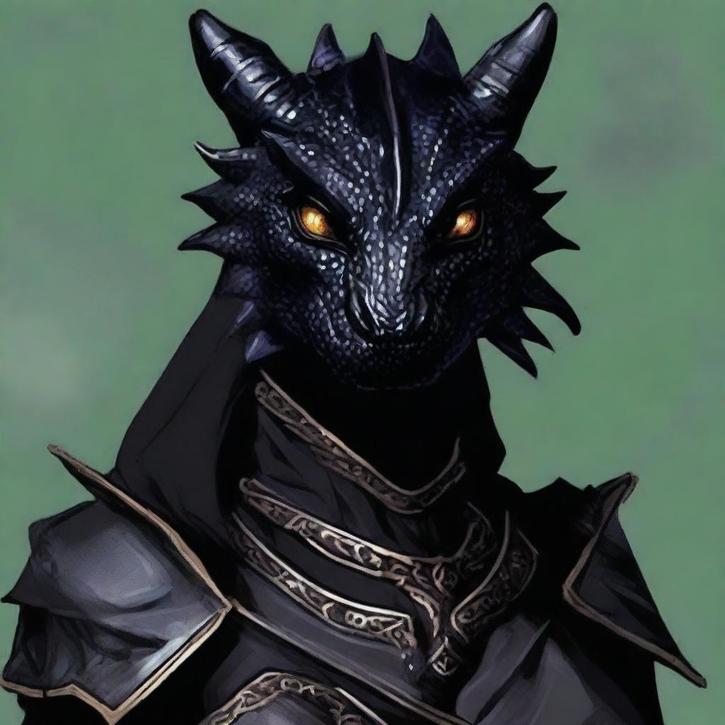 Generate a portrait of a female black Dragonborn. Her scales are dark as the night sky, her eyes flash with power and wisdom.