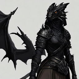 Generate a portrait of a female black Dragonborn. Her scales are dark as the night sky, her eyes flash with power and wisdom.