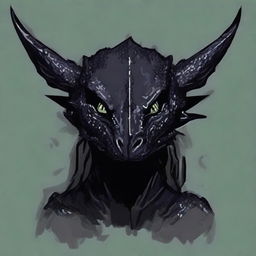 Generate a portrait of a female black Dragonborn. Her scales are dark as the night sky, her eyes flash with power and wisdom.