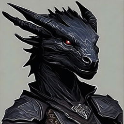 Generate a portrait of a female black Dragonborn. Her scales are dark as the night sky, her eyes flash with power and wisdom.