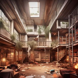 Design a three-story building - a messy ground floor, a cozy hostel on the second floor, and a quiet, studious library on the third floor.