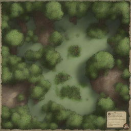 Generate an image of a Dungeons & Dragons battle map illustrating a small, dense forest with various tactical points such as hidden paths and towering trees