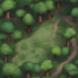 Generate an image of a Dungeons & Dragons battle map illustrating a small, dense forest with various tactical points such as hidden paths and towering trees