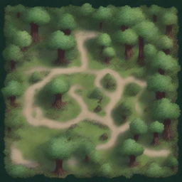 Generate an image of a Dungeons & Dragons battle map illustrating a small, dense forest with various tactical points such as hidden paths and towering trees